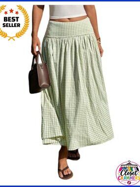 Women's Plaid Maxi Skirt Low Waist Flowy A-Line Long Skirt